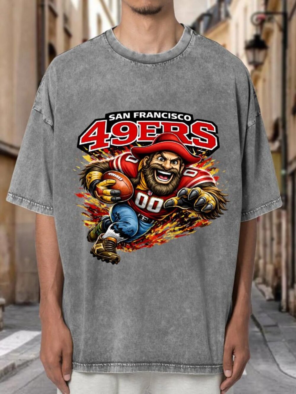 Acid Wash San Francisco 49ers Mascot Football Oversized Unisex Tee QQVNPBNAYZ02